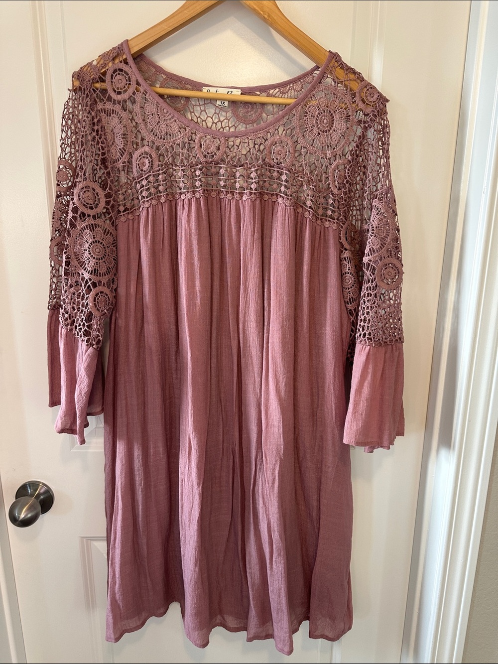 Boho Crochet Yoke Women's Dress in Dusty Rose
